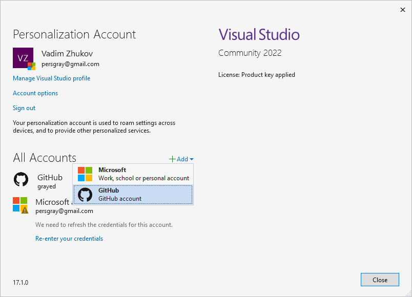 Visual Studio add GitHub account