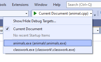 Visual Studio run target selection