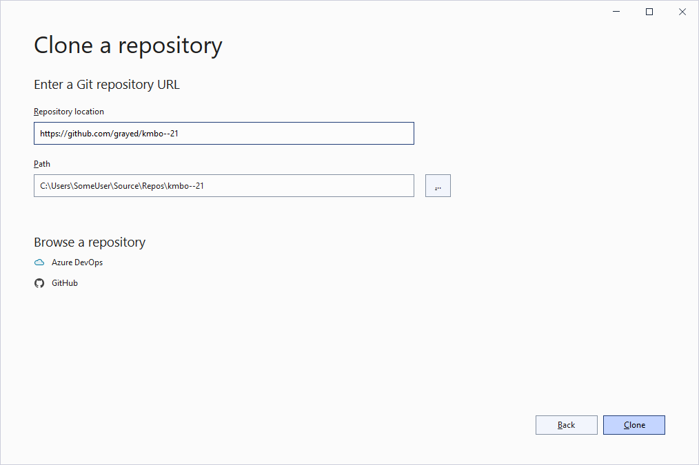 Visual Studio repository clone window