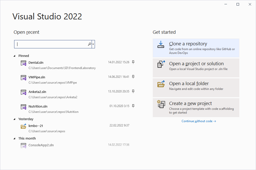 Visual Studio start window